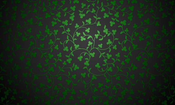 Vector green floral pattern on black background. Wallpaper damask texture. Premium trefoil silk shamrock cloth for St. Patrick day