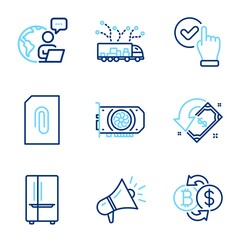 Technology icons set. Included icon as Truck delivery, Checkbox, Attachment signs. Refrigerator, Cashback, Gpu symbols. Bitcoin exchange, Megaphone line icons. Logistics, Confirmed. Vector