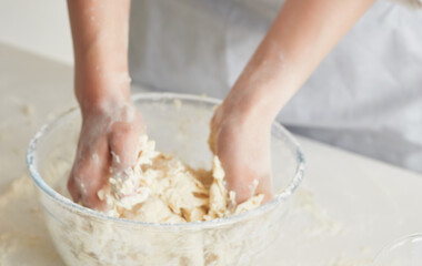 Obraz na płótnie Canvas Chef kneading dough cooking meal flour product household