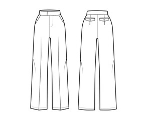 Pants tailored technical fashion illustration with extended normal waist, high rise, full length, slashed pockets. Flat trousers apparel template front, back, white color. Women men unisex CAD mockup