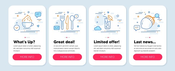 Set of Food and drink icons, such as Water glass, Coffee cup, Food symbols. Mobile app mockup banners. Acorn line icons. Soda drink, Whipped cream, Cutlery. Oaknut. Water glass icons. Vector