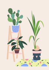 Living room decor. Home plants in flowerpot. Houseplants isolated. Trendy hugge style, vintage urban jungle. Hand drawn. Set collection. Green, pink, brown, beige, blue colors. Print, poster, banner.