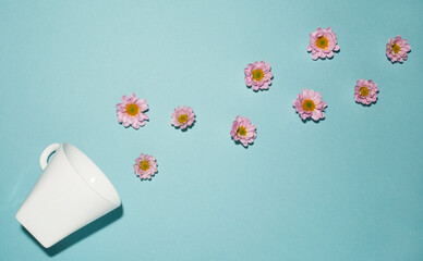 white cup with pink flowers on a blue background, mood of the day