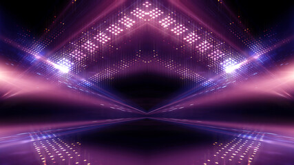 Abstract modern purple neon background. Futuristic rays and moon. Dark LED stage with geometric patterns. Symmetrical reflection, noeon light. 