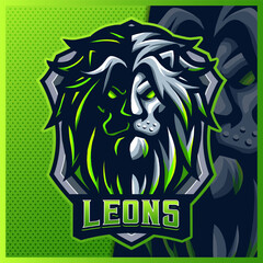 Lion mascot esport logo design illustrations vector template, Green Lion logo for team game streamer youtuber banner twitch discord