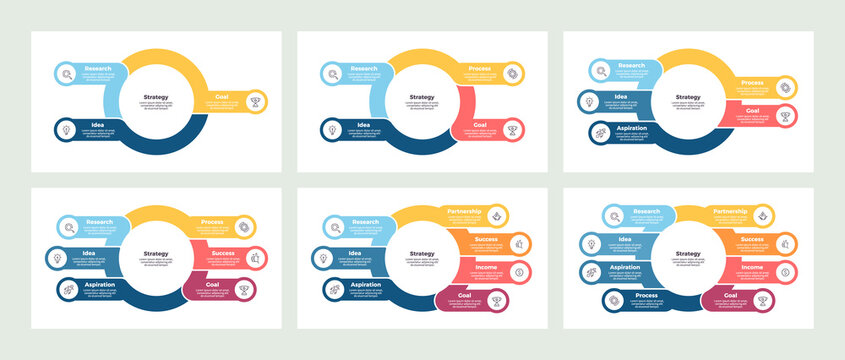 Business infographic. Organization chart with 3, 4, 5, 6, 7, 8 options. Vector template.