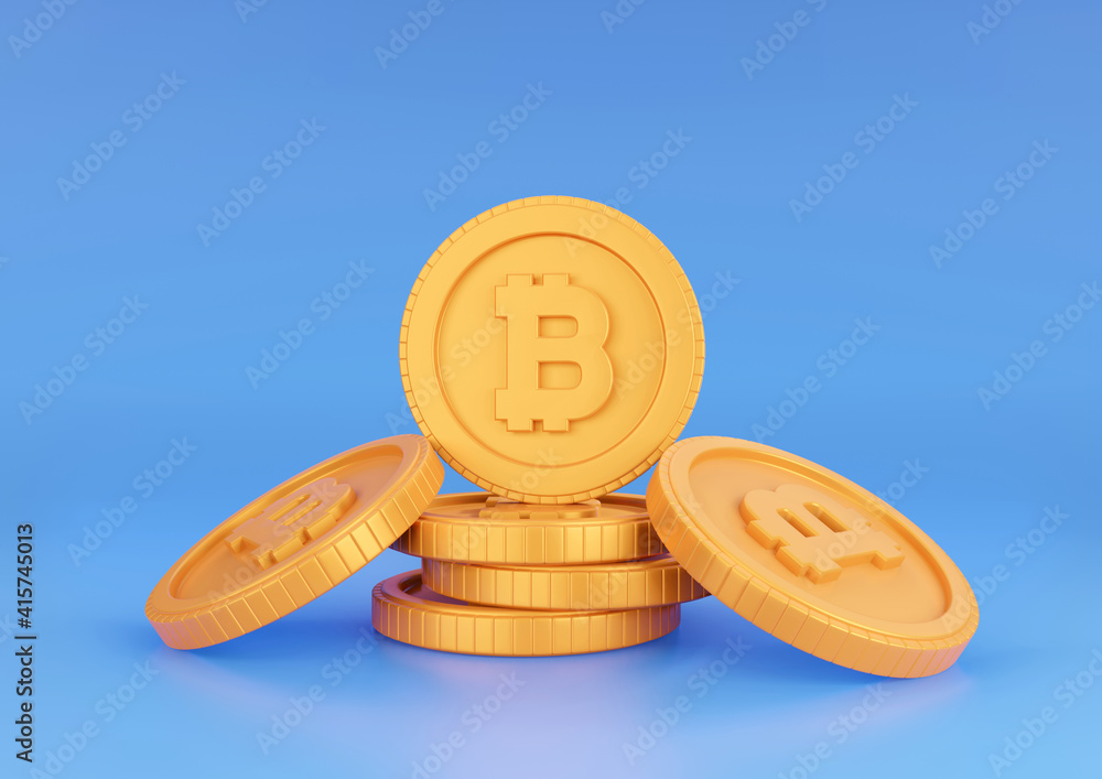 Poster 3d rendering bitcoin stack on blue background