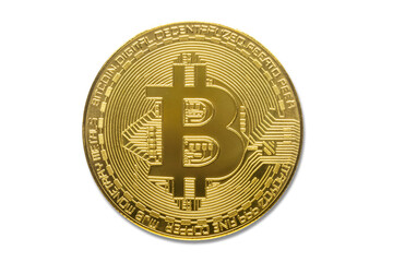 Bitcoin blockchain. Bitcoin Crypto currency is the best digital money for financial business, global world trade, online market and investment. Gold Bitcoin isolate on white with clip path for di cut.