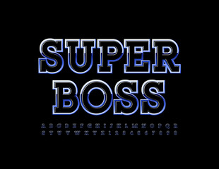 Vector modern sign Super Boss with Black and Metal Font. Glossy Alphabet Letters and Numbers set