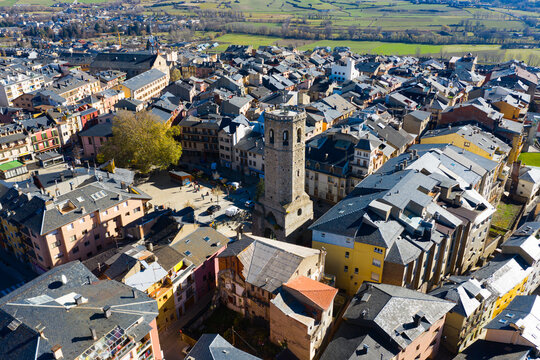 panoramic view of tower in square in Puigcerda in Spain
