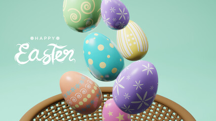 Happy Easter 3D illustration with pastel easter eggs drop to basket