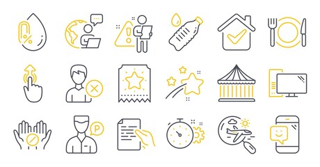 Set of Business icons, such as Search flight, Water bottle, Remove account symbols. Cogwheel timer, Computer, Restaurant food signs. Smile, Medical tablet, Valet servant. No alcohol. Vector