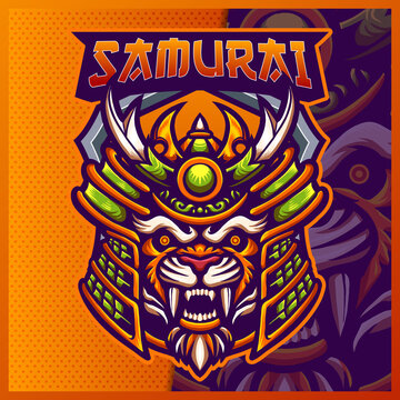 Samurai Tiger mascot esport logo design illustrations vector template, Animal logo for team game streamer youtuber banner twitch discord