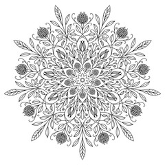 Vector mandala drawing with black lines on a white background.