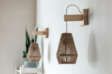 Two Jute rope light lamps fixture with wood wall mount