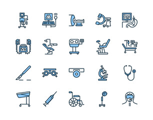 Medical examination equipment flat line icon set blue color. Vector illustration diagnostic tools. Symbols for a complete survey of patients. Editable strokes.