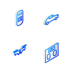 Set Isometric line Car, Remote control, Drone flying and Bathroom scales icon. Vector.