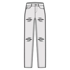 Ripped Jeans distressed Denim pants technical fashion illustration with full length, low waist, rise, coin, 5 pockets, Rivets. Flat bottom template front, grey color style. Women, men CAD mockup