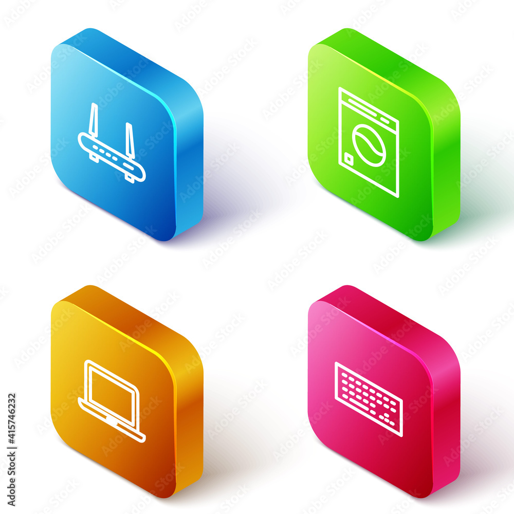 Poster set isometric line router and wi-fi signal, washer, laptop and keyboard icon. vector.