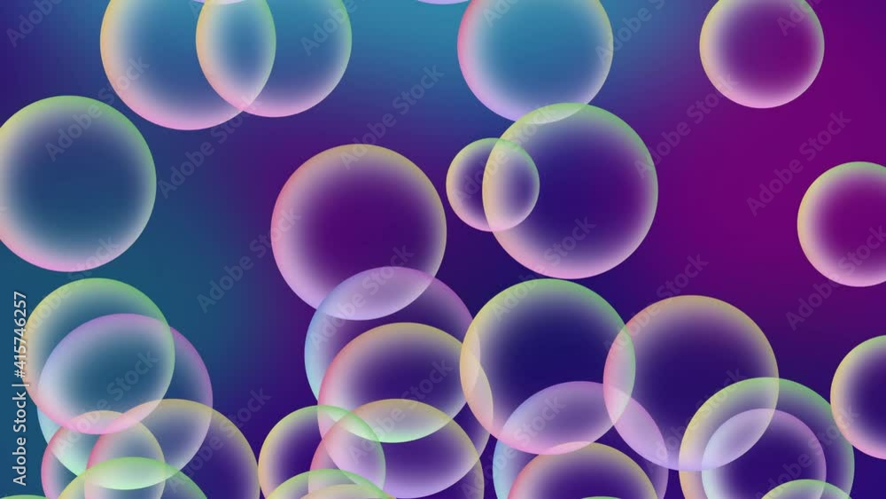 Poster animation of colorful soap bubbles flying up. abstract floating shampoo or suds on gradient dark bac