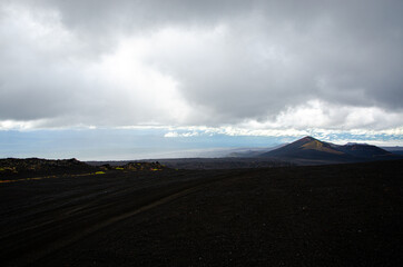 Volcano in the Ash Desert. Russia, Kamchatka 2020. Photo taken during an expedition to the volcano.