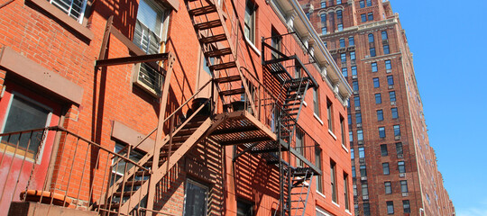 New York City style apartment buildings with emergency stairs