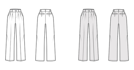 Pants tailored technical fashion illustration with extended normal waist, rise, full length, slant, flap pockets, double pleat, belt loops. Flat template front, back white grey color. Women CAD mockup
