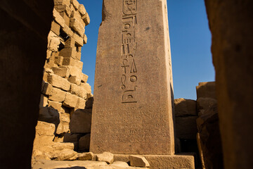 Dendera Temple complex in Egypt. Hieroglypic carvings on wall at the ancient egyptian temple.