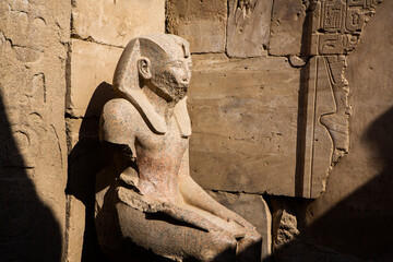 Dendera Temple complex in Egypt. Hieroglypic carvings on wall at the ancient egyptian temple.