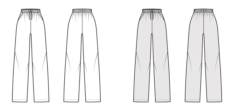Pajama pants technical fashion illustration with elastic normal waist, high rise, full length, drawstrings, pockets. Flat apparel template front, back, white grey color. Women men unisex CAD mockup