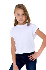 Obraz premium Blonde in a white T-shirt in the studio on a white background. Close-up