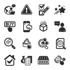 Set of Business icons, such as Accounting wealth, Analytics chart, Customer satisfaction symbols. Sun cream, Chemistry lab, Incoming call signs. Search text, Users chat, Buying. Mattress. Vector
