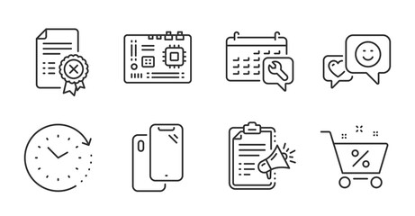 Megaphone checklist, Smile and Spanner line icons set. Reject certificate, Time change and Loan percent signs. Smartphone, Motherboard symbols. Brand check, Socila media, Repair service. Vector