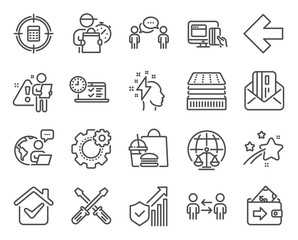 Business icons set. Included icon as Magistrates court, Consulting business, Wallet signs. Brainstorming, Teamwork business, Credit card symbols. Online test, Deluxe mattress, Screwdriverl. Vector