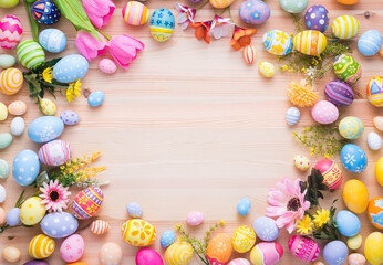 Fototapeta na wymiar Happy Easter day colorful eggs and flower decoration on wood background with copy space