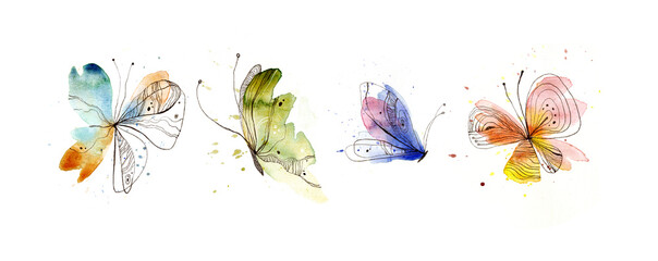 Hand-drawn butterflies. Watercolor and pen. Isolated on white background - 415748494