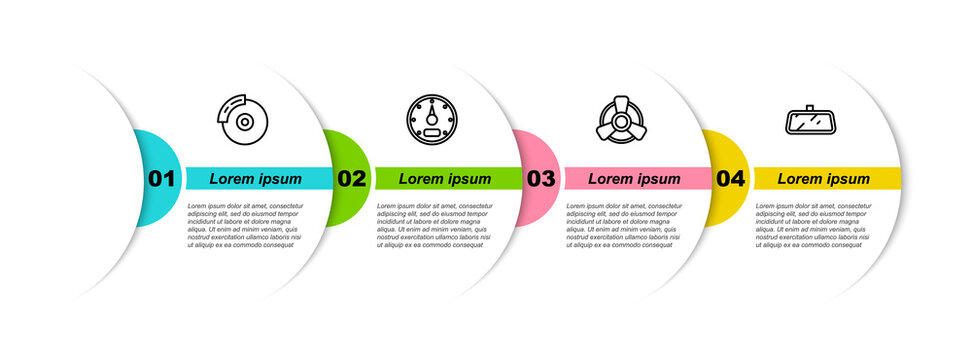 Set Line Car Brake Disk With Caliper, Speedometer, Motor Ventilator And Mirror. Business Infographic Template. Vector.