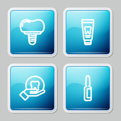 Set line Dental implant, Tube of toothpaste, Tooth and Painkiller tablet icon. Vector.