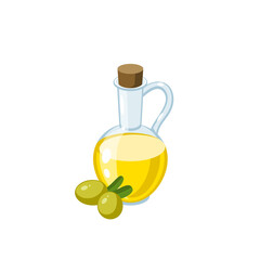 Glass bottle of oil and green olives. Vector illustration cartoon flat icon isolated on white background.