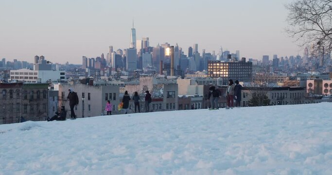 New York City in winter filmed from Brooklyn park