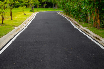 Black asphalt road in garden, selective focus. Background image of new asphalt road with a drain on the sides. Under the morning sun.