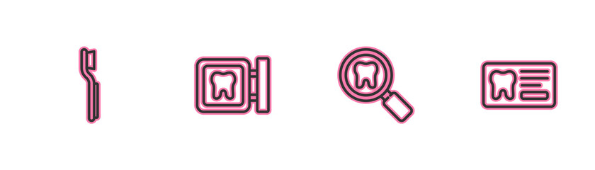 Set line Toothbrush, Dental search, clinic location and card icon. Vector.