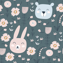 Seamless pattern with cute rabbit, bear and flowers. Animals pattern. Childish print. Vector