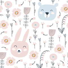 Seamless pattern with cute rabbit, bear and flowers. Animals pattern. Childish print. Vector