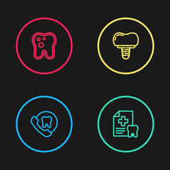 Set line Online dental care, Dental card, implant and Tooth with caries icon. Vector.