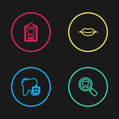 Set line Dental protection, search, Smiling lips and card icon. Vector.
