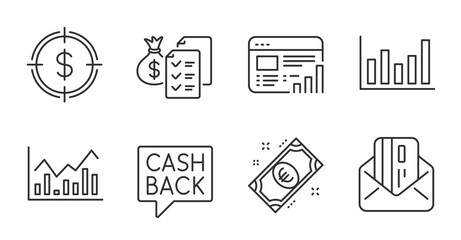 Dollar target, Column chart and Euro money line icons set. Infochart, Web report and Money transfer signs. Credit card, Accounting wealth symbols. Aim with usd, Financial graph, Cash. Vector