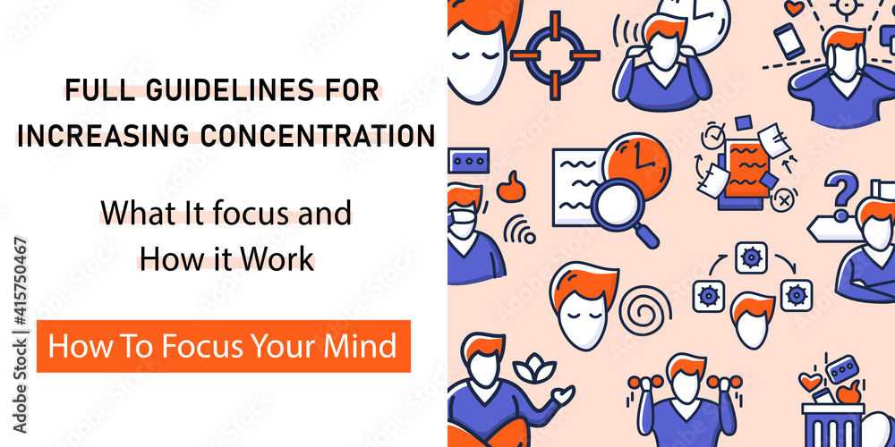 Poster focus mind web banner. template for landing, web page, layout. attention control website interface i
