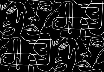 Abstract one line seamless pattern. Continuous Outline background with female faces. Modern Woman aesthetic contour. Fashion print. Surreal texture.
