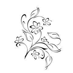 floral design with blooming flowers on stems with leaves and curls in black lines on a white background